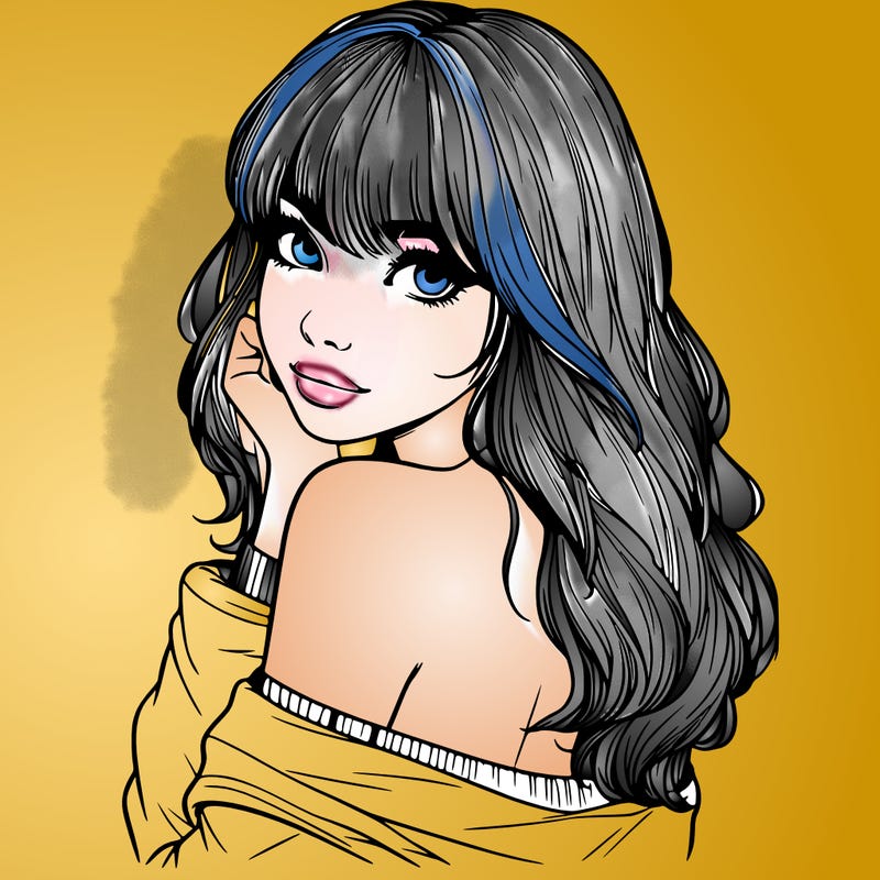 realistic girl with bangs looking over her shoulder
