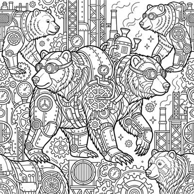 Step into a world where majestic grizzly bears meet intricate Victorian-era machinery with this captivating steampunk coloring page. Adorned with gears, pipes, and goggles, these powerful creatures offer an extraordinary coloring challenge for all skill levels.