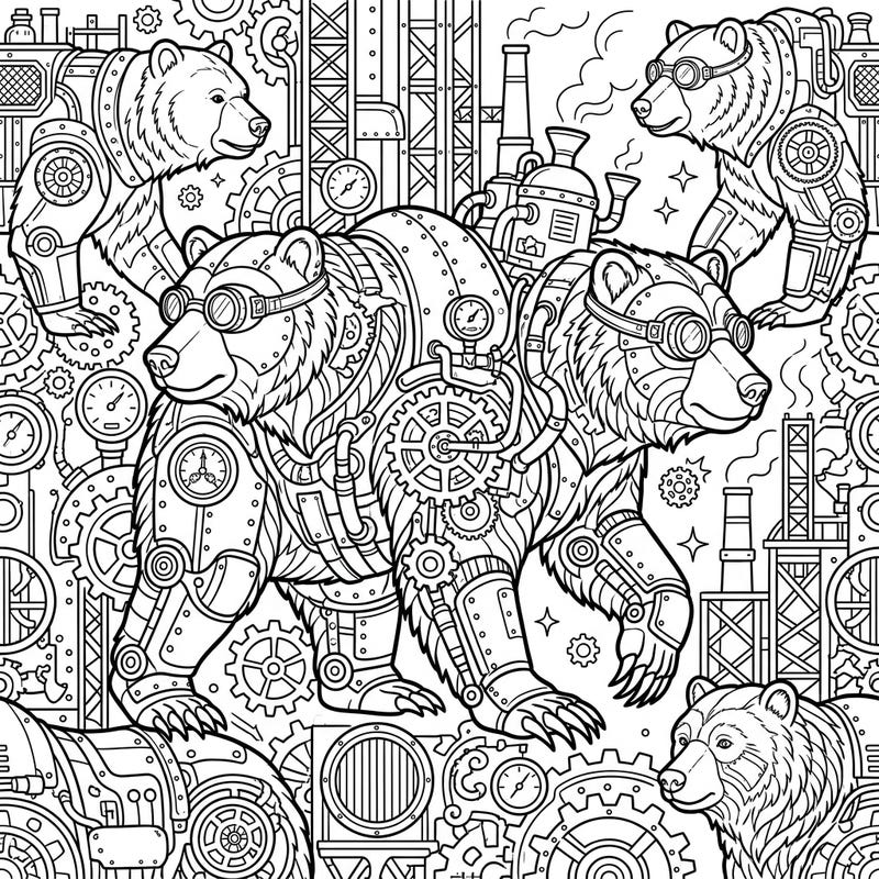 Step into a world where majestic grizzly bears meet intricate Victorian-era machinery with this captivating steampunk coloring page. Adorned with gears, pipes, and goggles, these powerful creatures offer an extraordinary coloring challenge for all skill levels.
