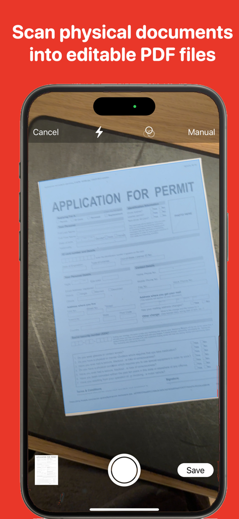 iPhone screen scanning a physical application form to create an editable PDF file