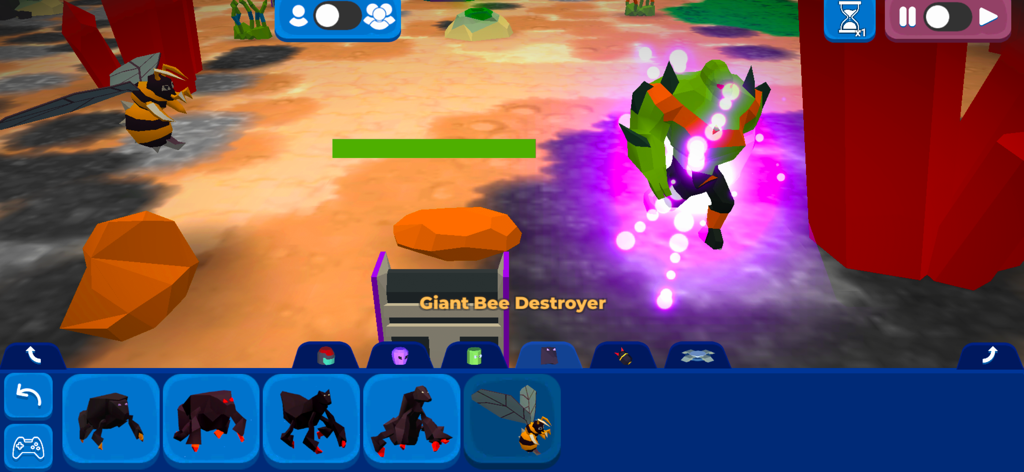 MoonBox - A gameplay screenshot of MoonBox showing a giant green mutant with glowing effects and a flying bee in a 3D sandbox environment.