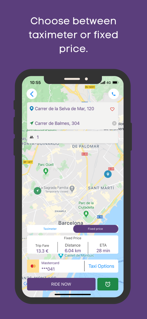 Mobile app interface for booking a taxi in Barcelona with a fixed price option.