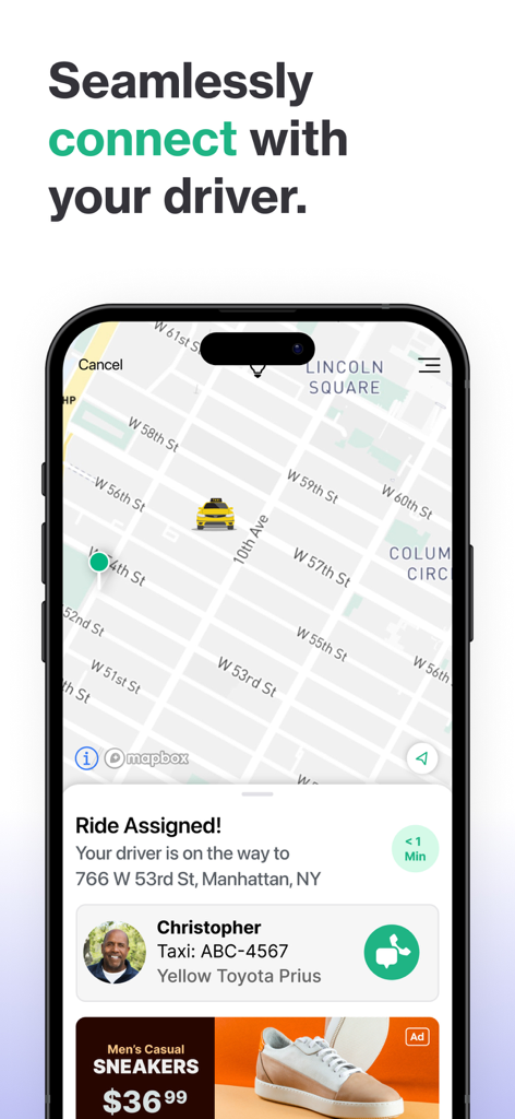Interface do aplicativo Curb mostrando uma corrida atribuída e a localização do táxi em tempo real em um mapa em Manhattan