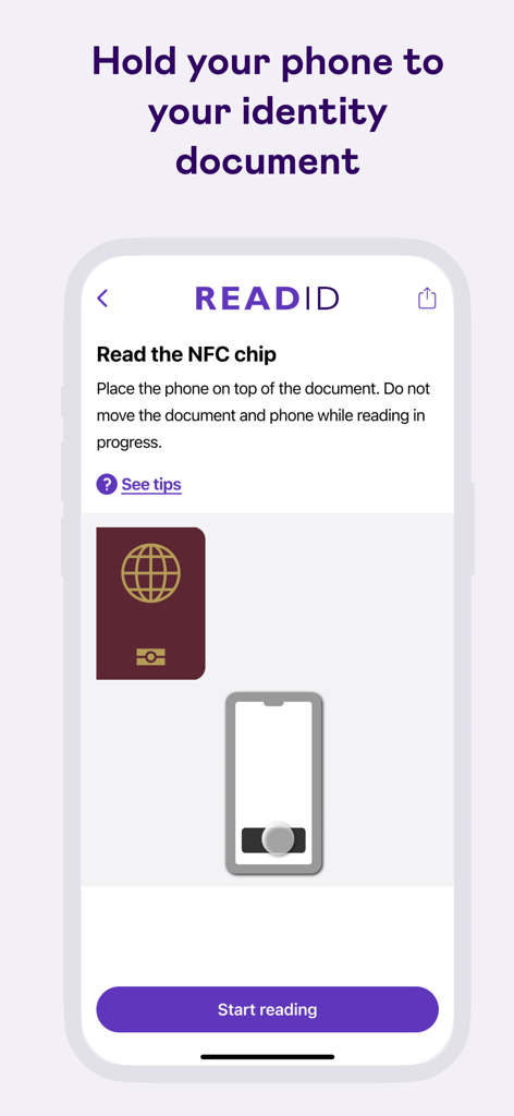 Interfaz de la aplicación ReadID Me que muestra cómo escanear el chip NFC de un documento de identidad.