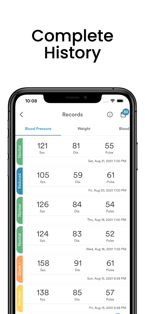 Blood Pressure Monitor: AVAX - Interfaz de la aplicación que muestra una lista de registros de presión arterial que incluyen valores sistólicos, diastólicos y de pulso.