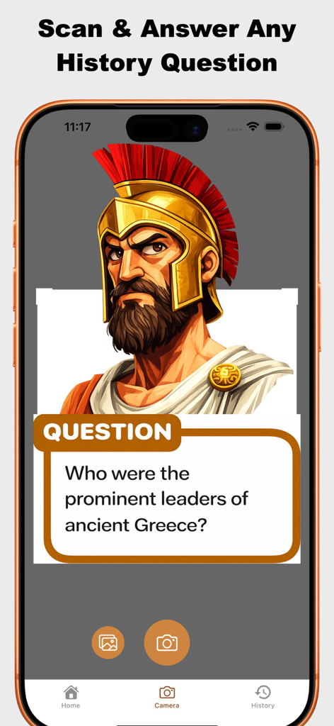 History AI:  Homework Answers - Smartphone screen of History AI app scanning a question about ancient Greek leaders