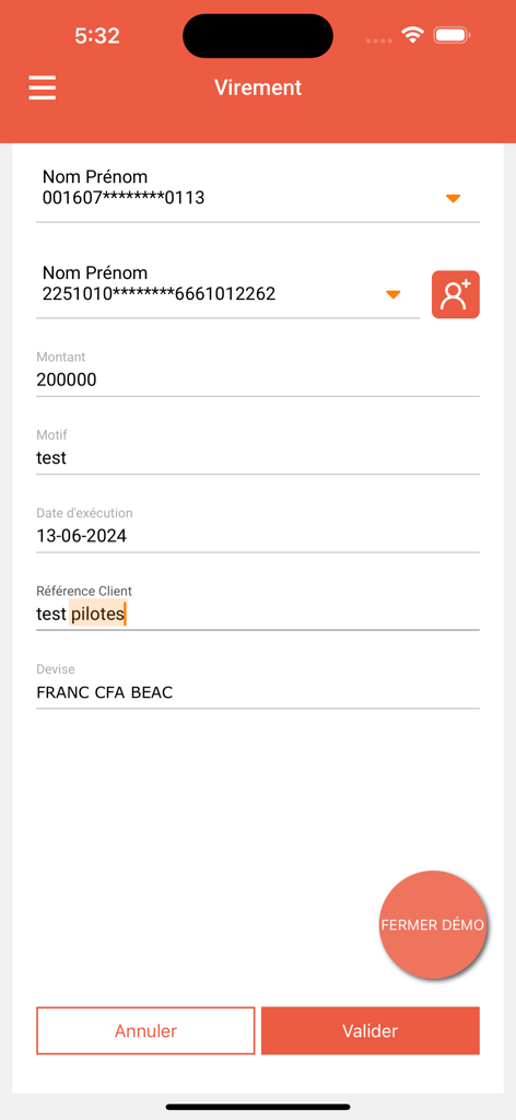 Interface de l'application mobile UGB-eBANK pour initier des virements bancaires en Francs CFA