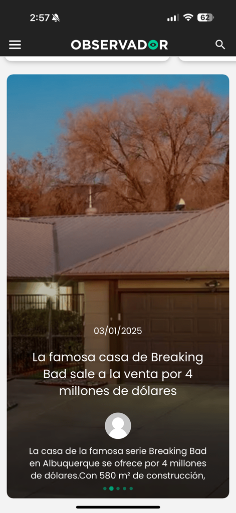Pantalla de la app de noticias Observador que muestra un reportaje sobre la venta de la casa de Breaking Bad