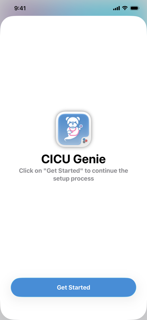 CICU Genie - Tela de boas-vindas do aplicativo médico CICU Genie com o logotipo do gênio urso e um botão para começar