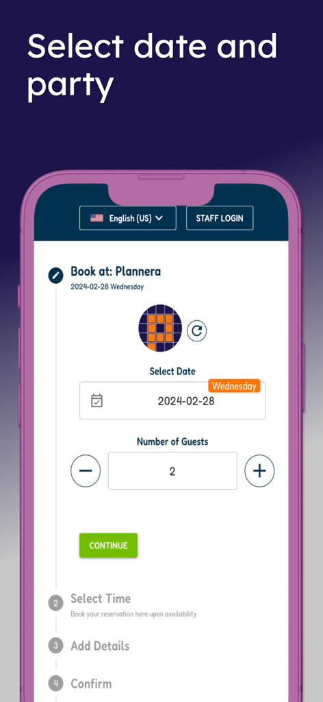 Pantalla en la aplicación Plannera para seleccionar la fecha de la reserva y el número de invitados