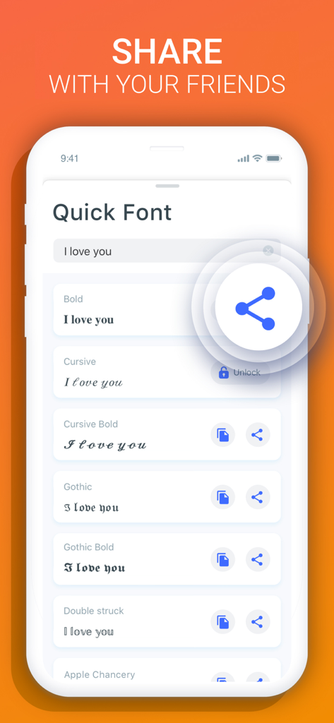 Fonts X for iPhones: Keyboard - Una pantalla de aplicación móvil que muestra varios estilos de fuente como cursiva y gótica con un icono de compartir prominente.