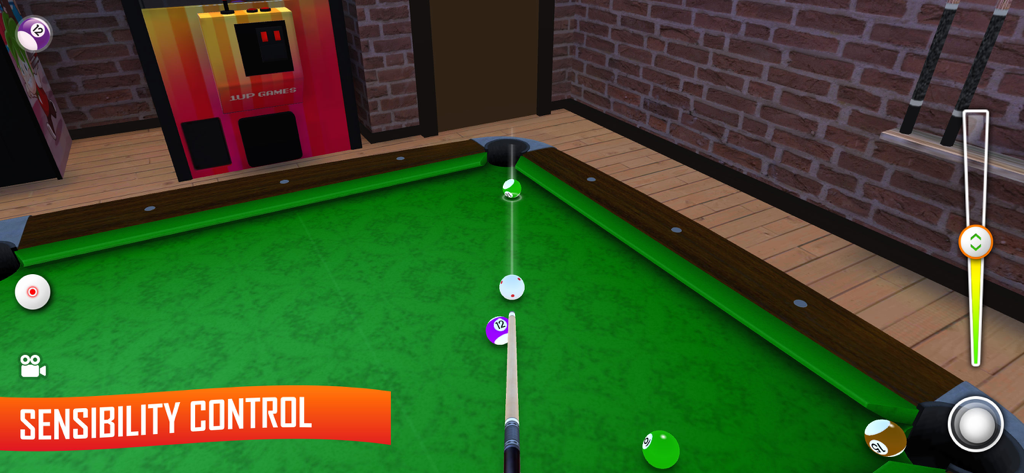 8 Ball Pool & Snooker Billiard - A 3D billiards game interface showing sensibility control for precise aiming on a green pool table