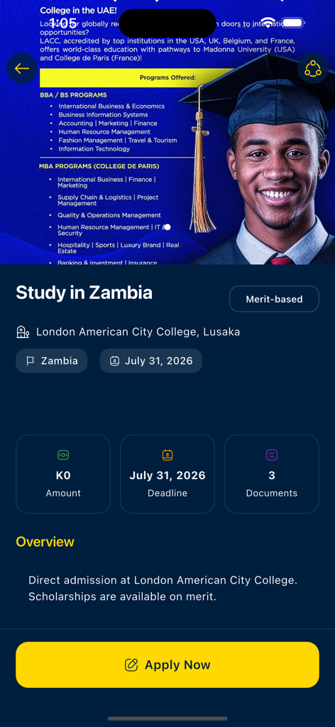 Let's GO - Let's GO app screen showing educational program details for London American City College in Zambia.