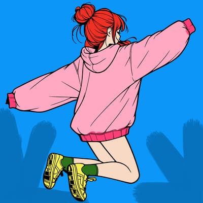 realistic girl jumping with a bun and oversized sweatshirt