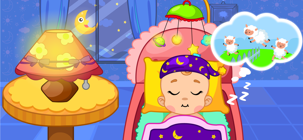 Baby Care Games for Kids 3,4,5 - Bebé animado durmiendo en una cuna rosa soñando con ovejas esponjosas en una escena nocturna.