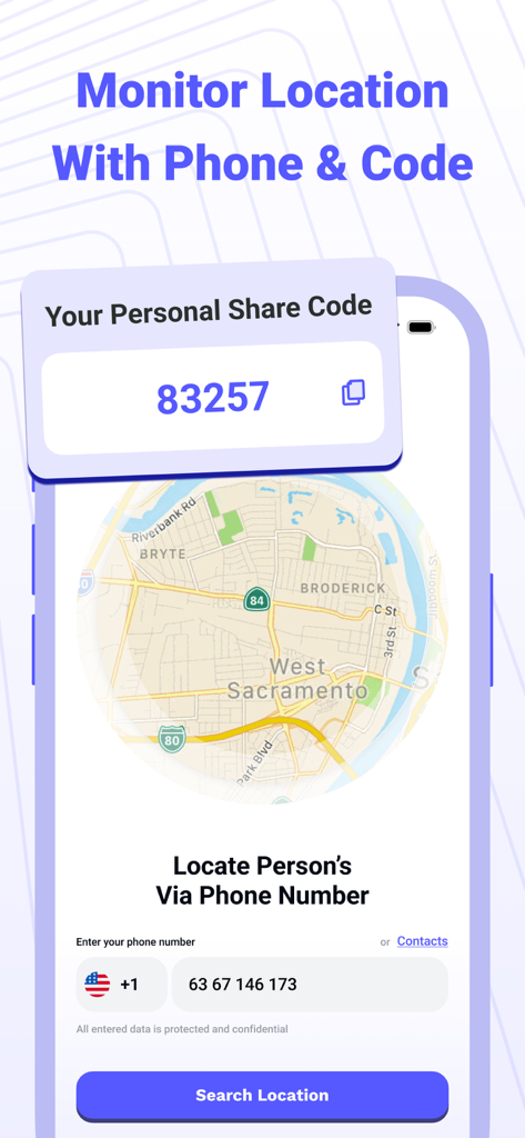 西サクラメントの地図と、人々を見つけるための電話番号入力フィールド、個人の共有コードを表示するモバイルアプリのインターフェース。