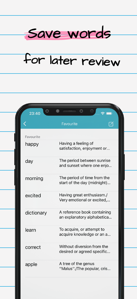 The English Dictionary Offline - Screenshot of the favorites feature in the English Dictionary Offline app showing a list of saved words and definitions for later review.