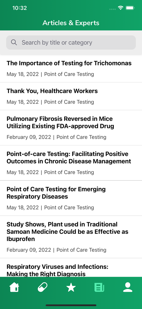 COSA: Medication Information - Screenshot of the COSA app Articles and Experts screen featuring a list of medical research and point of care testing publications