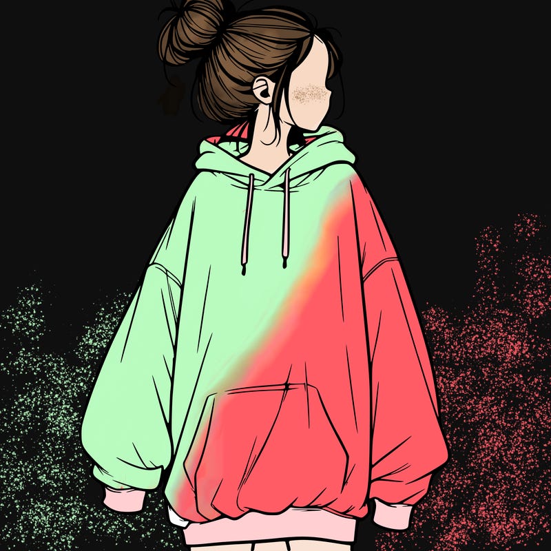 realistic girl with a oversized sweatshirt on and a bun