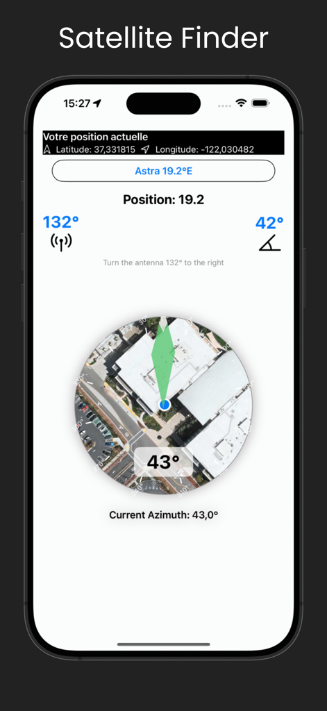 Satellite Finder - DishPointer - Satellite Finder app interface showing azimuth and elevation for antenna alignment