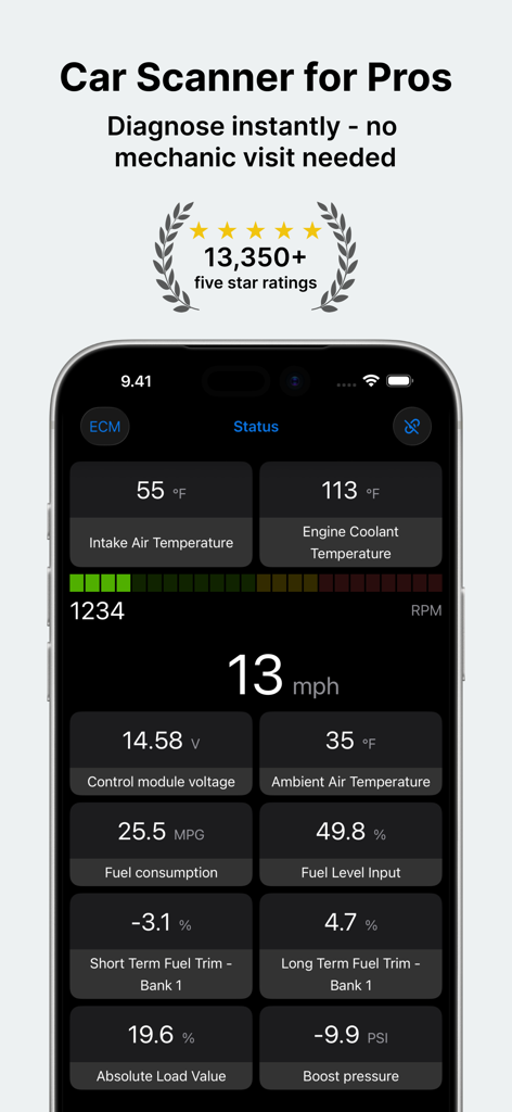 Panel de la aplicación OBD Auto Doctor con datos de rendimiento y diagnóstico del vehículo en vivo