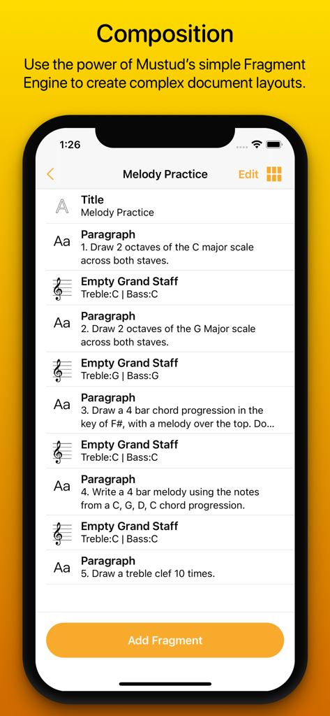 Mustud app interface showing the fragment engine for creating music theory worksheets