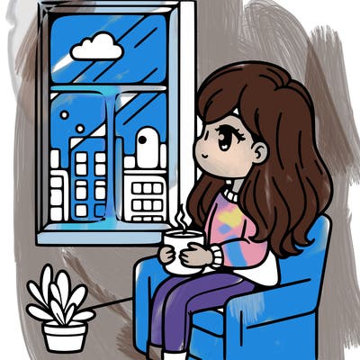 girl with coffee mug sitting on a chair looking out a glass window