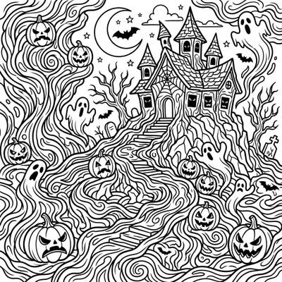 Dive into a uniquely eerie Halloween world with this intricate coloring page, combining classic spooky elements with mesmerizing pahoehoe flow patterns. It's an engaging challenge perfect for adults and teens looking for a creative escape.