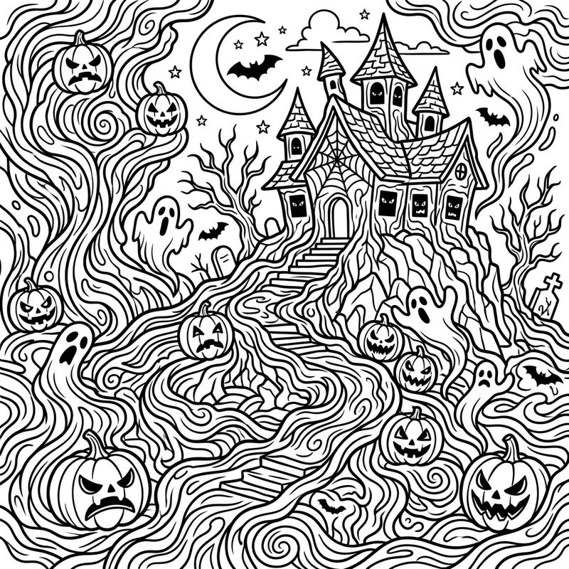 Dive into a uniquely eerie Halloween world with this intricate coloring page, combining classic spooky elements with mesmerizing pahoehoe flow patterns. It's an engaging challenge perfect for adults and teens looking for a creative escape.
