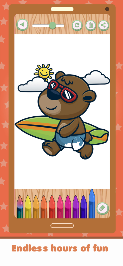 Coloring and painting animals - Aplicativo de colorir para crianças mostrando um urso de desenho animado com uma prancha de surf e lápis de cor digitais