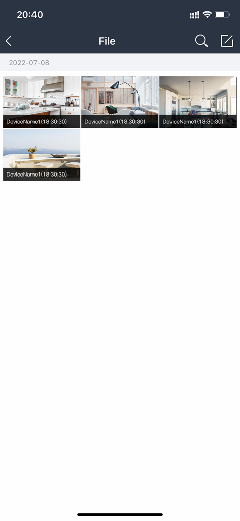 A gallery of security camera snapshots within the Safire Smart app interface