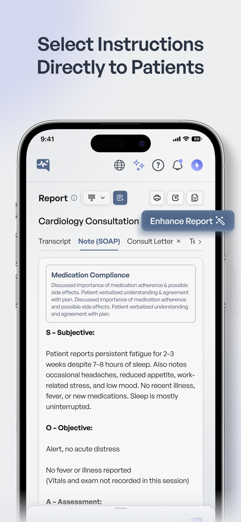 Medtalk: AI Medical Scribe - Interfaz de la aplicación Medtalk que muestra una nota SOAP generada por IA para una consulta de cardiología