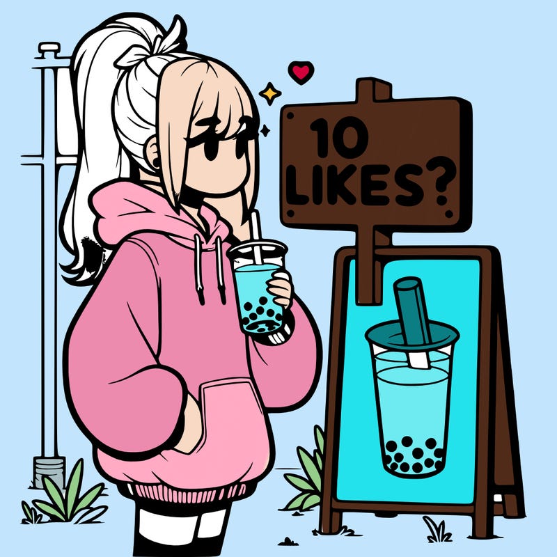 girl with oversized hoodie drinking boba and she has a high ponytail with a sign that says 10likes?