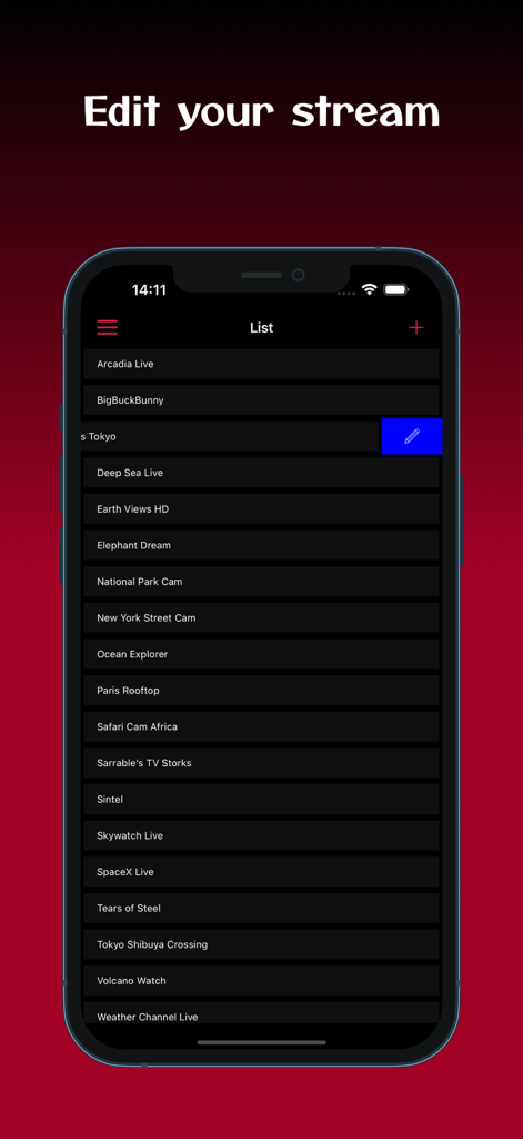 M3U8 Stream Player: TV & Video - Interface of M3U8 Stream Player showing a list of added video streams and an edit option.