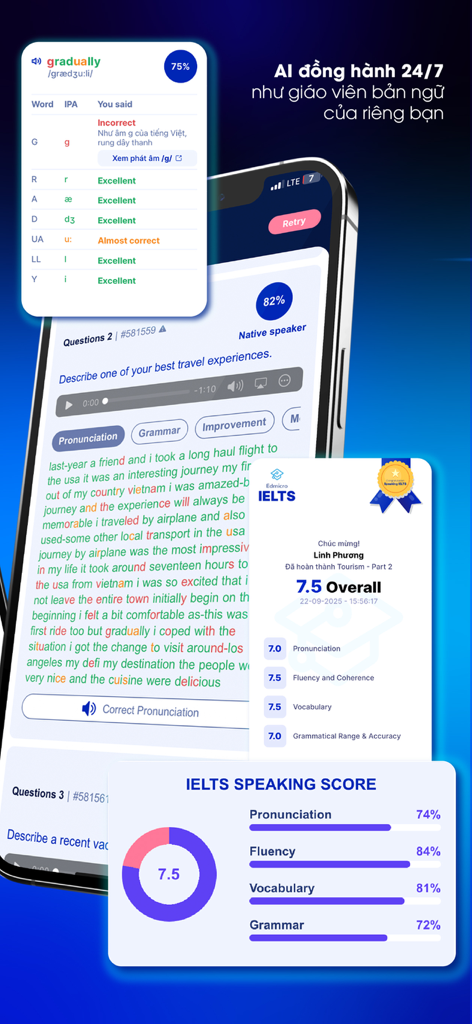 Edmicro IELTS - Edmicro IELTS app interface showing AI speaking practice and score breakdown