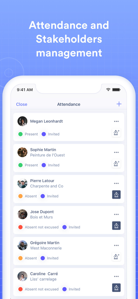 Archireport app interface showing attendance tracking and stakeholder management for construction sites