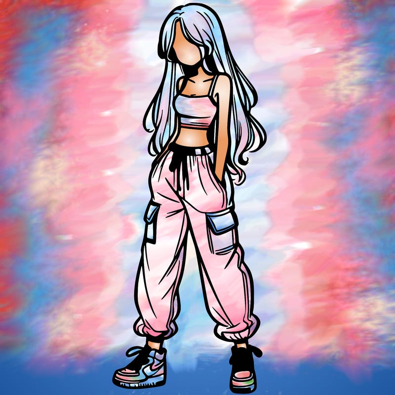 girl in baggy pants crop top and long hair