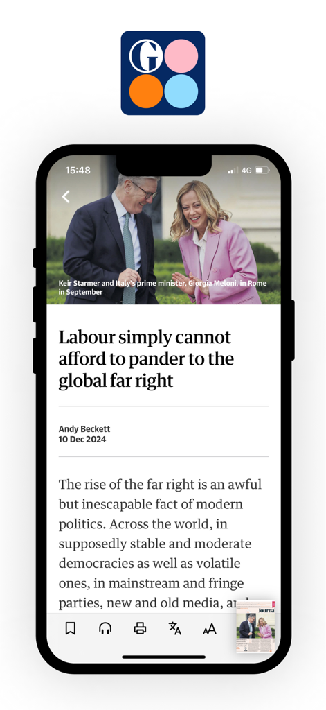 The Guardian Editions - Pantalla de smartphone mostrando un artículo de noticias en la aplicación The Guardian Editions con tipografía e imágenes de alta calidad.