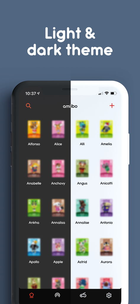 Ally – Collect and Backup - Ally app interface showcasing light and dark themes for amiibo collection