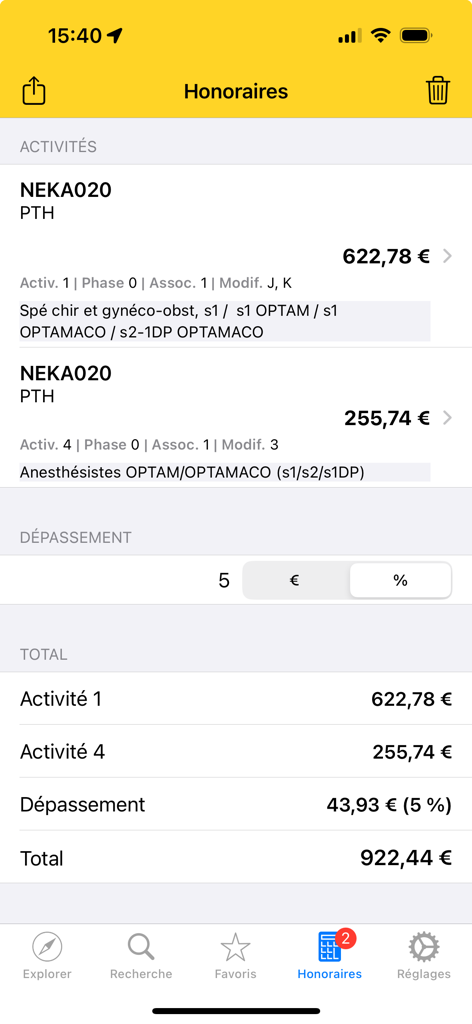 iCCAM app screen showing fee calculation for French medical procedures