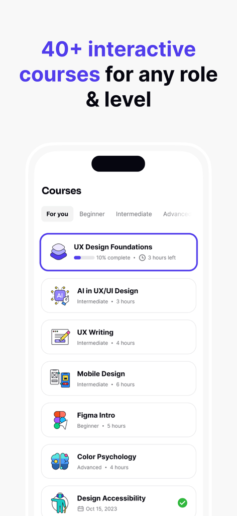 Uxcel: Learn UX design, PM, AI - Interfaccia dell'app Uxcel che mostra un elenco di oltre 40 corsi interattivi per UX design, AI e product management.