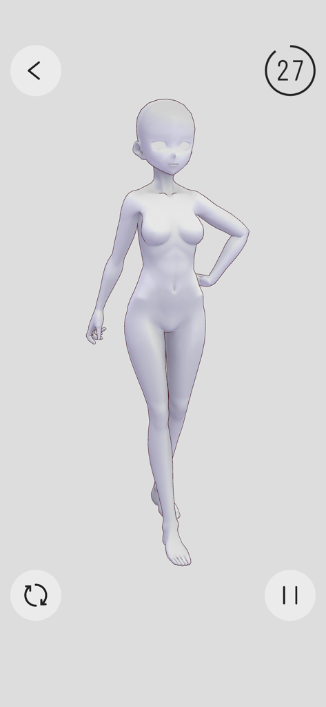 Un modelo femenino en 3D en una pose de caminar para practicar el dibujo de gestos con un temporizador de cuenta regresiva