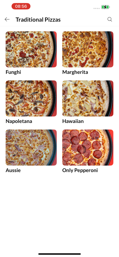 Secret Slice Pizza And Pasta - A mobile app screen showing a variety of traditional pizzas including Funghi Margherita and Pepperoni with colorful food images.
