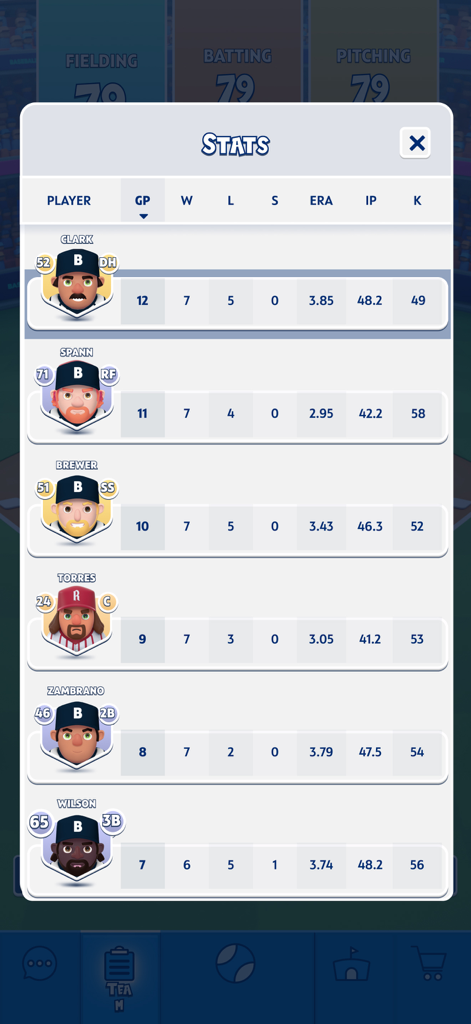 Baseball Franchise Manager - Baseball Franchise Manager player statistics screen showing wins losses and earned run average