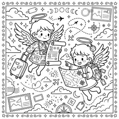 Join two sweet messenger angels as they embark on an exciting vacation adventure. This charming coloring page is filled with delightful travel motifs and celestial wonders, perfect for a relaxing creative escape.