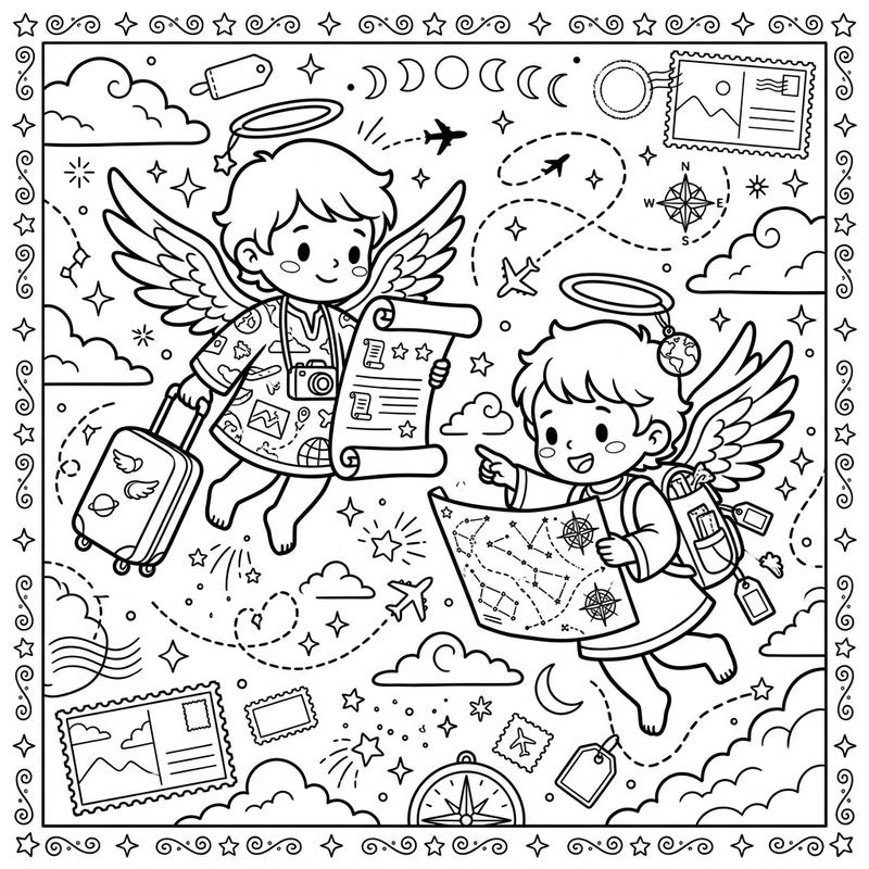 Join two sweet messenger angels as they embark on an exciting vacation adventure. This charming coloring page is filled with delightful travel motifs and celestial wonders, perfect for a relaxing creative escape.