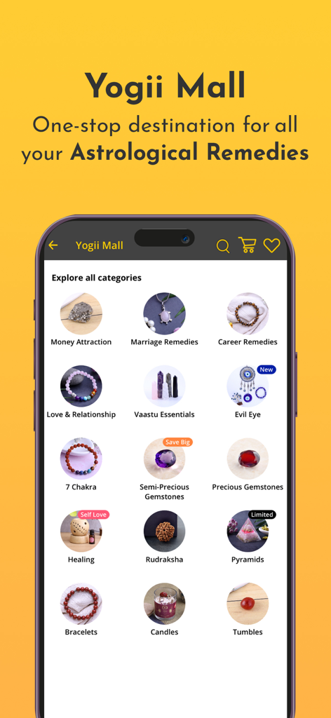 Mobile app interface of Yogii Mall showing astrological remedy categories like gemstones, crystals, and healing items.