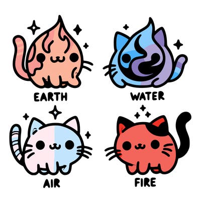 4 cats that represent the different elements, earth, water, air, and fire