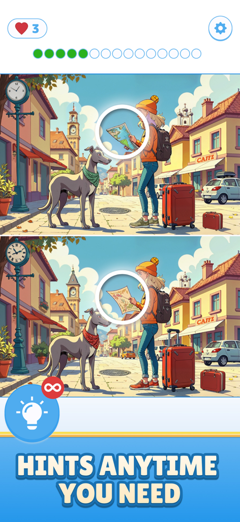 Find Master - Spot Differences - Screenshot di gioco di Find Master che evidenzia la funzione di suggerimenti illimitati in un puzzle "trova le differenze".