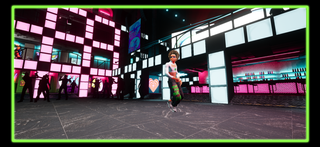 Xing 360 - Un avatar 3D bailando en un entorno virtual iluminado por neón en la aplicación Xing 360